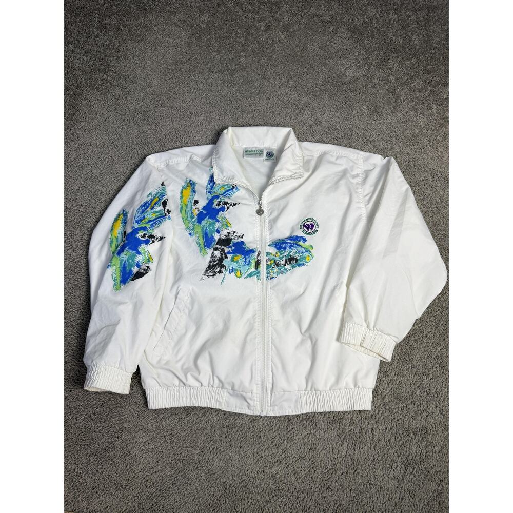 VTG Wimbledon Jacket Womens L White Polycotton Windbreaker Full Zip Pockets